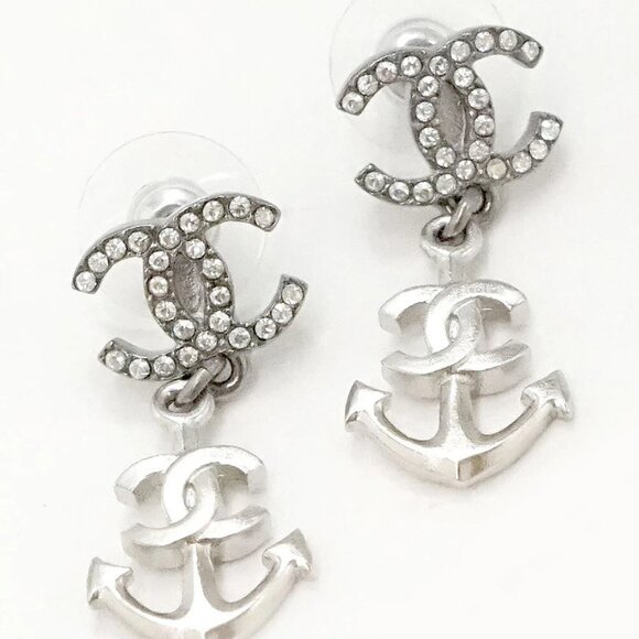 CHANEL CC Logos Rhinestone Anchor Stud Earrings Silver Tone 18A Auth w/Box - Picture 1 of 5
